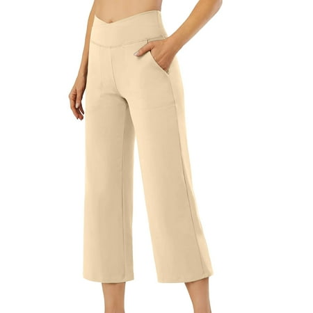 QIJUNTUO Women s High Waisted Wide Leg Yoga Pants With Side Pockets Tummy Control Lounge Panties Beige