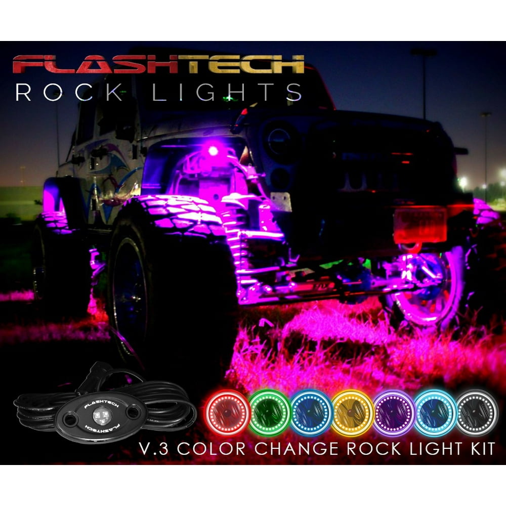 Flashtech 4 Pod LED RGB Color Change Rock Lights Kit with Controller Underglow LED Neon Light