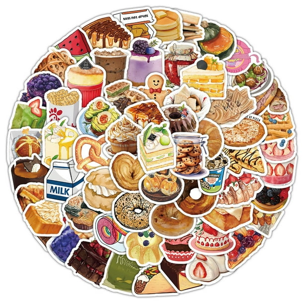 Juego de pegatinas Realistic Snack, 100 unidades, caramelos, bebidas, pan, vinilo