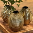 thumbnail image 5 of Iconic Golden Vases, Set of 3, 1 Faceted, 1 Ringed and 1 Diamond Pattern, Electroplated, Stoneware, Gourd Shaped, 5 Inches, 5 of 6