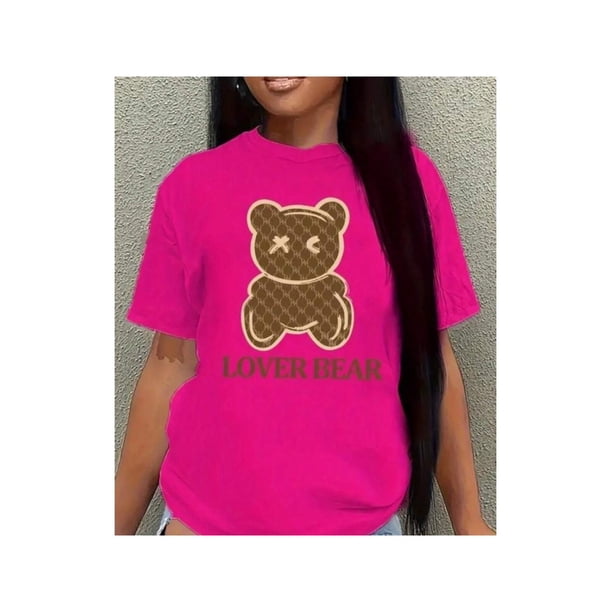 Playera Blusa Con Impresion De Oso Lover Bear Para Mujer Color Fucsia Talla Chica Marca Emil SaEs