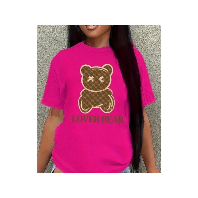 Playera Blusa Con Impresion De Oso Lover Bear Para Mujer Color Fucsia Talla Grande Marca Emil SaEs