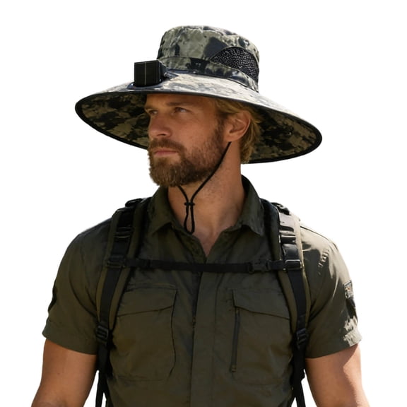Ticikt Extra Wide Brim Solar Fan Hat, Mens Fishing Hiking Hat, Neck Flap Sun Hat, Solar Powered Cooling Cap Fisherman Hats,Color:Army Green