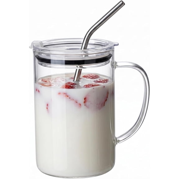 32oz Glass Tumbler, with Handle, Lid and Straw, for Hot Cold Drinks