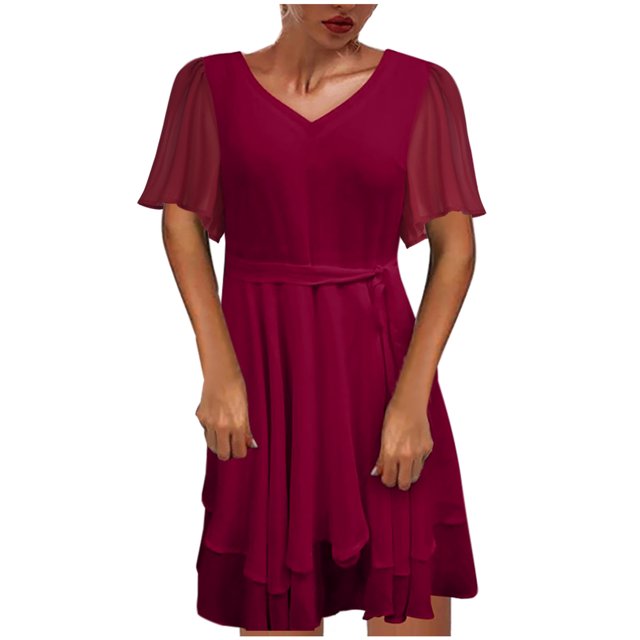 Vestido informal hasta la rodilla con cuello en V y manga corta con tirantes sueltos para mujer Fridja bnh5932