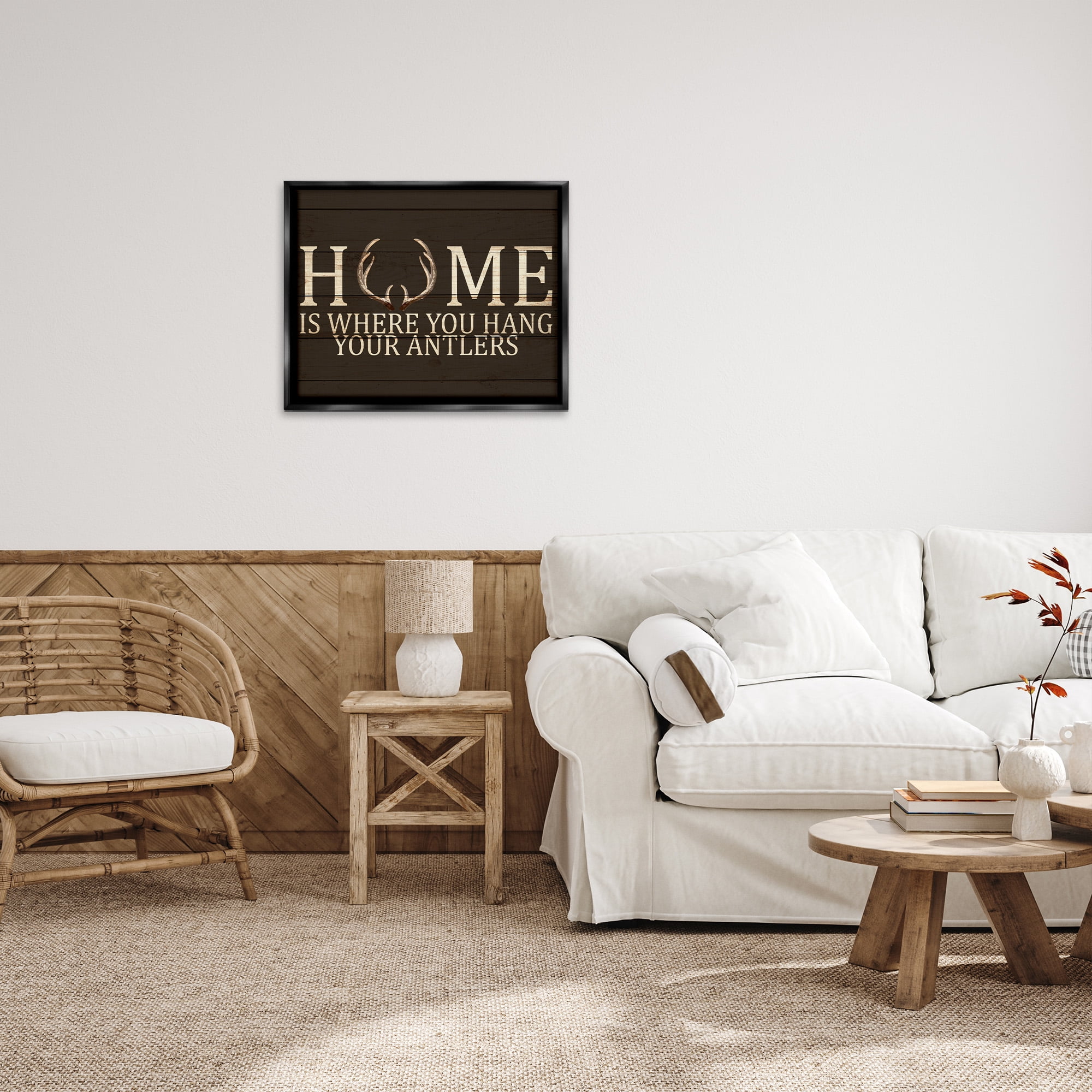 Stupell Industries Hang Your Antlers Rustic Hunting Phrase Inspirational Painting Black Floater Framed Canvas Art Print Wall Art, 31 x 25