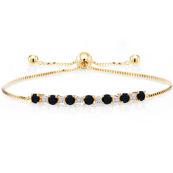 Gem Stone King 18K Yellow Gold Plated Silver Black Onyx and White Moissanite Tennis Bracelet for Women (0.82 Cttw, Gemstone Birthstone, Fully Adjustable up to 9 inch)