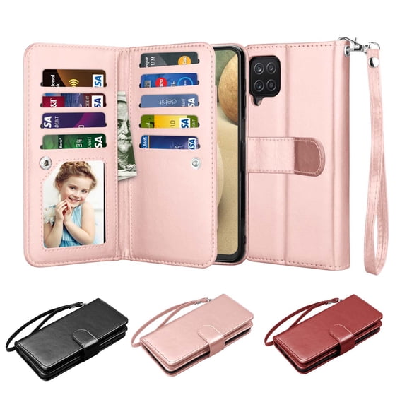 6.5" Galaxy A12 Wallet Case, Samsung Galaxy A12 2021 PU Leather Case, Njjex Luxury PU Leather 9 Card Slots Holder Carrying Folio Flip Cover [Detachable Magnetic Hard Case] & Kickstand & Hand Strap