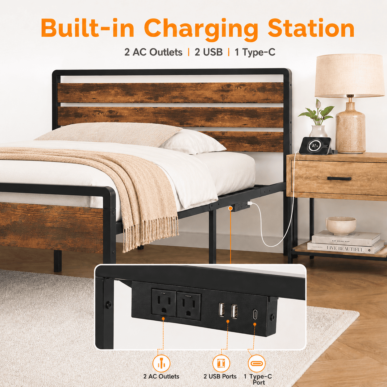 Zimtown Queen Platform Bed Frame with 12-Inch Under-Bed Storage, LED Lighted Headboard & Footboard, Modern Apartment Bedroom,Rustic Brown