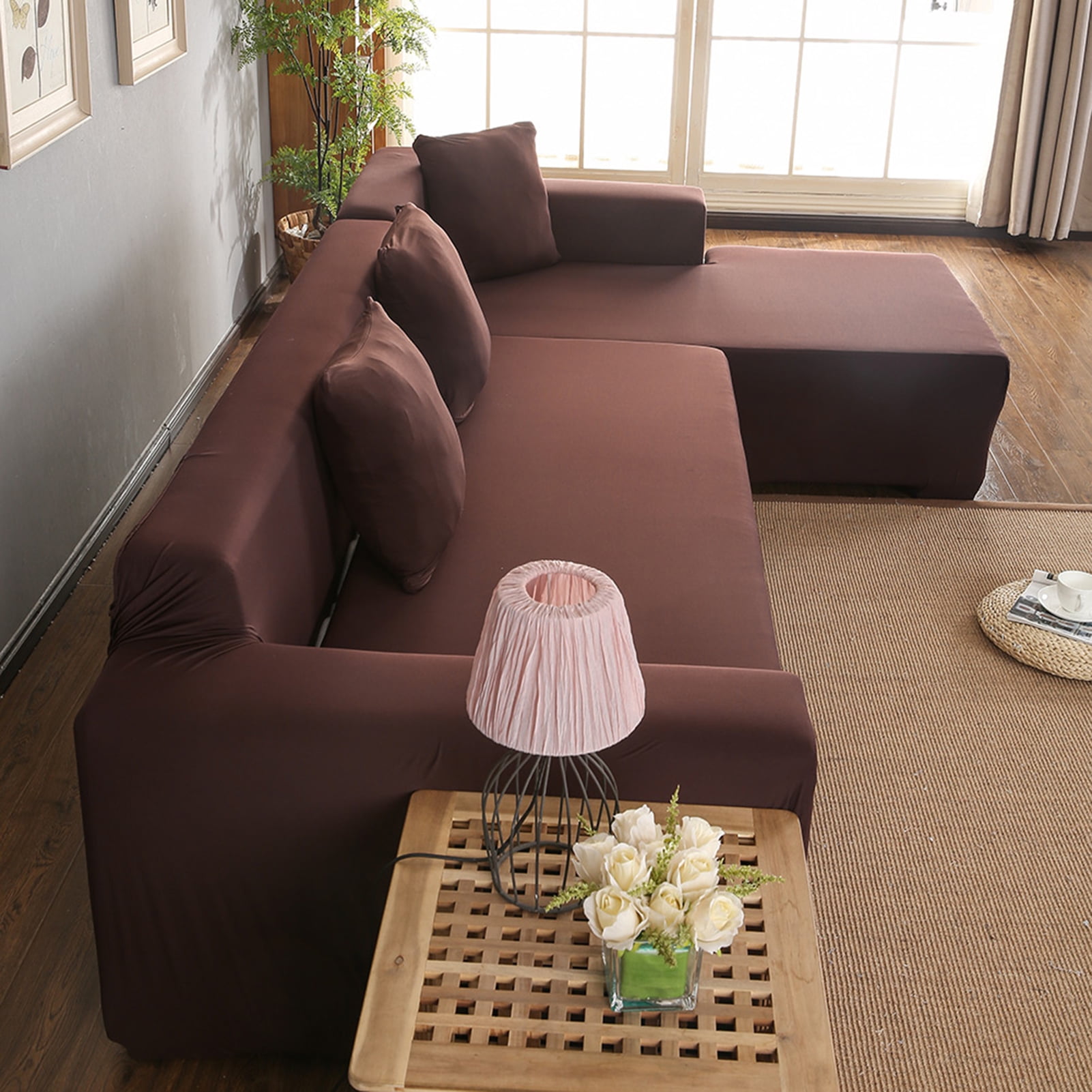 Couch Covers L Shape Sofa Covers Stretch 2pcs Sofa Slipcovers for 2 + 3 Seaters Sectional Chaise Slipcover for Pets Kids, Coffee