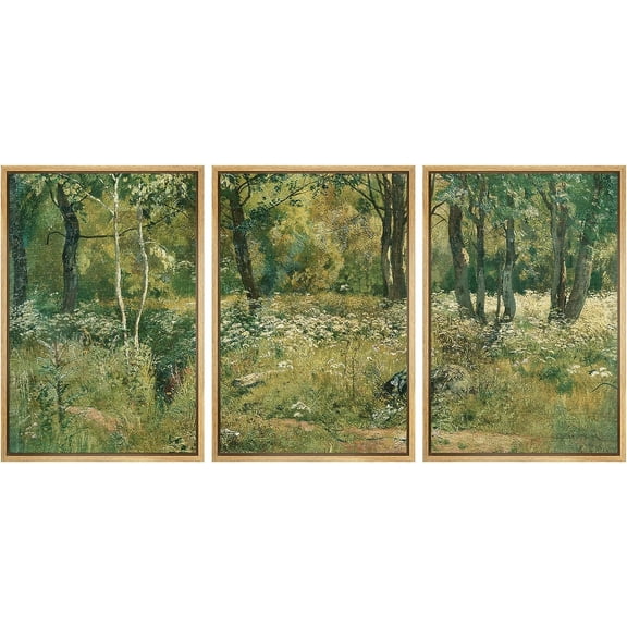 PixonSign Framed Canvas Print Wall Art Set Emerald Green Tree Forest Nature Wilderness Fine Art Illustrations Decorative Multicolor Landscape Rustic Country/Farmhouse for Bedroom - 16"x24"x3 Natural