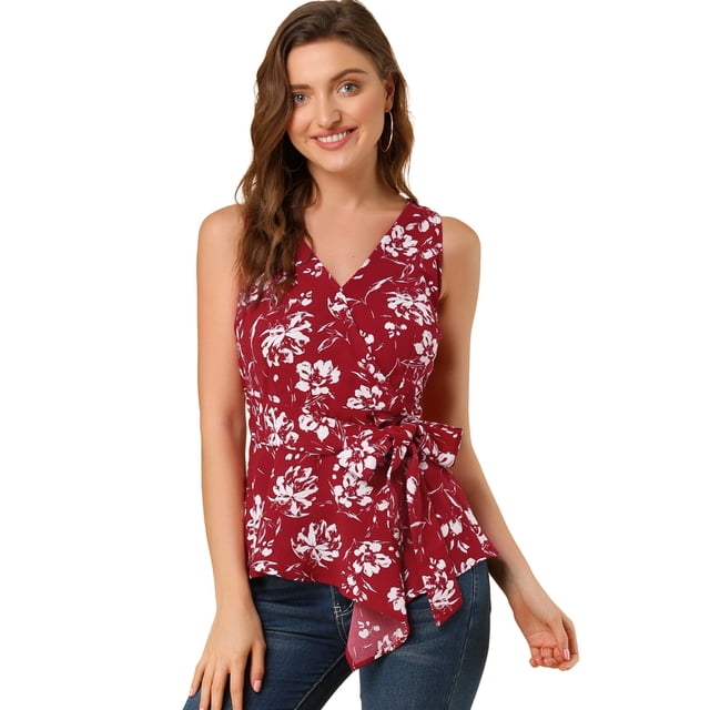 Top peplum envolvente Allegra K dobladillo asimétrico cintura cuello En V sin mangas mujer Borgo?a Blanco XL