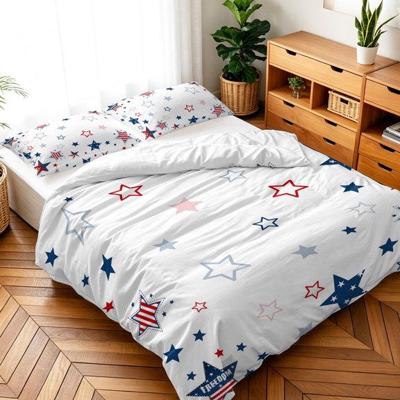 Queen Size 3 Pieces Duvet Cover Sets Memorial Day American National Flag Bedding Set,Microfiber Soft Comforter Cover with Pillow Shams,Luxury Quilt Covers for Bedroom Blue Red Stripe Star on White