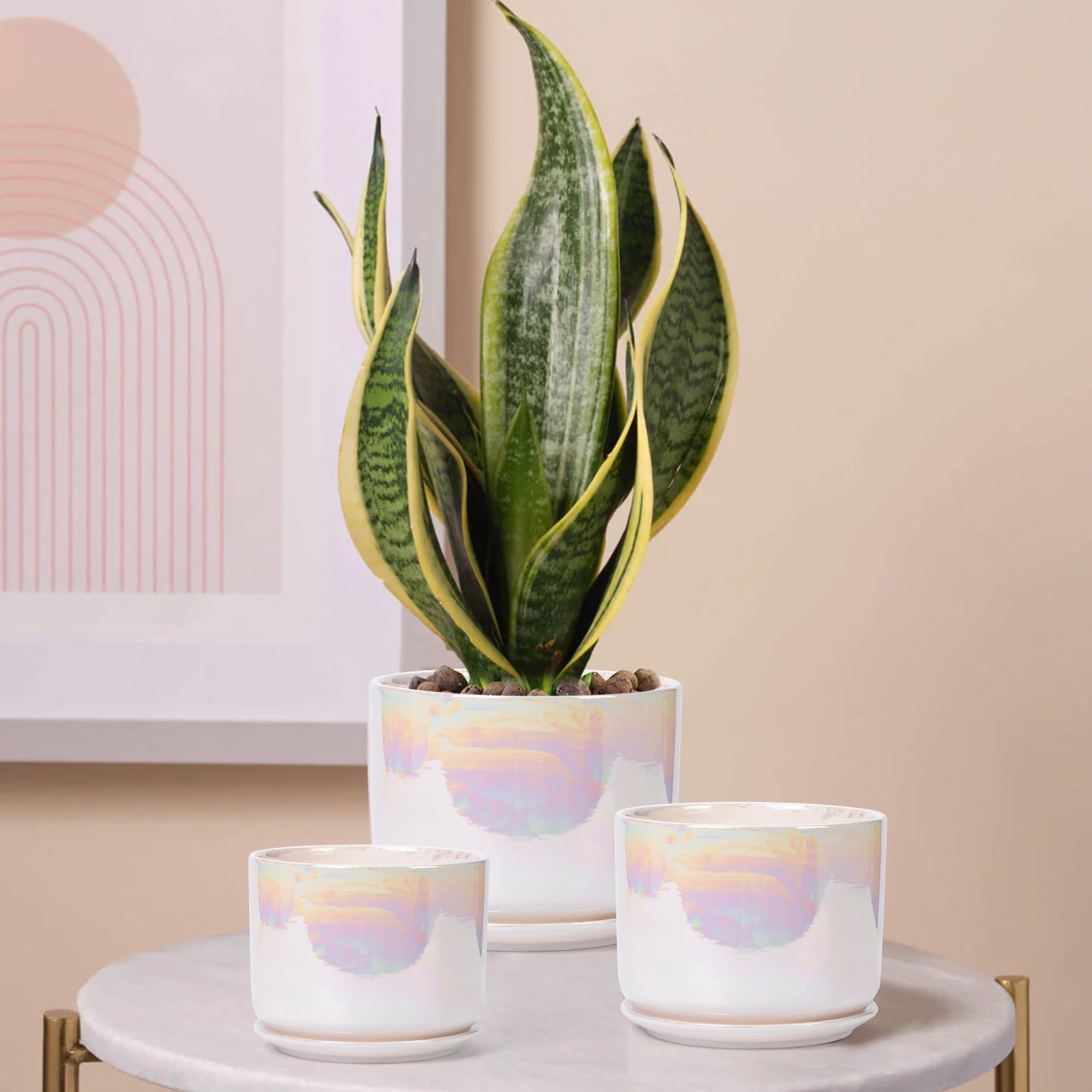 BUYMAX Plant Pots, 4+5+6 Inch Pots for Indoor Plants,Ceramic Planter Pot with Drainage Hole,Flower Pots for Succulent Cactus,Set of 3 - Rainbow Pearl Glaze