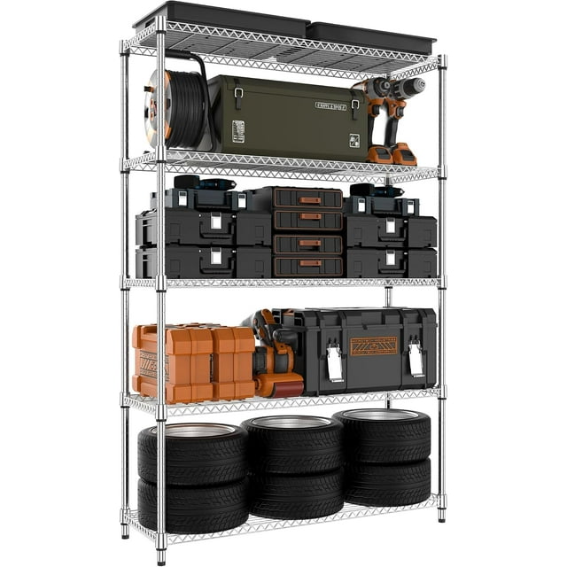 M MZG 1750 lbs 5 Tier Storage Rack Metal Wire Shelving Unit, Storage Standing Household Shelf Organizer for Kitchen Pantry Closet Garage Basement Utility Room, Chrome 15.7" D x 45.3" W x 70.4" H