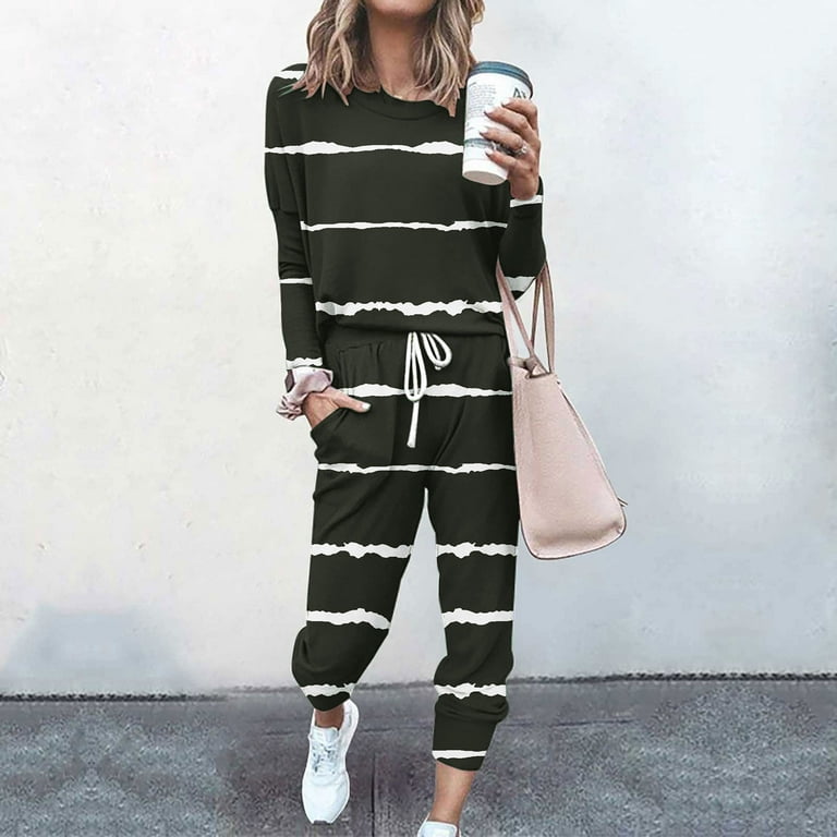 Posijego Womens 2 Piece Outfit Sweatsuit Striped Print Long Sleeve