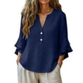 thumbnail image 4 of mihongmao Summer White Button Down Shirt Women Cotton Shirts Linen Tshirts Button Down Shirts Women's 3/4 Lace Sleeve V-neck Button Casual Print Loose Navy 3X, 4 of 9