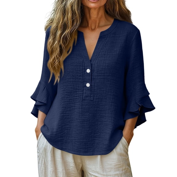 Summer Linen T-shirts for Women 3/4 Sleeves Ruffle V-Neck Top Casual Loose Fit Solid Shirts for Daily Wear Elegant Lightweight Tops
