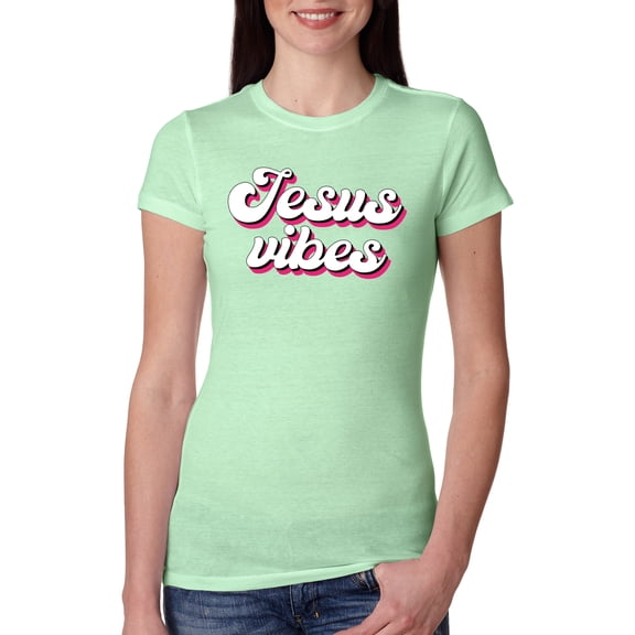 Wild Bobby, Jesus Vibes Inspirational/Christian Women Slim Fit Junior Tee, Mint, Large