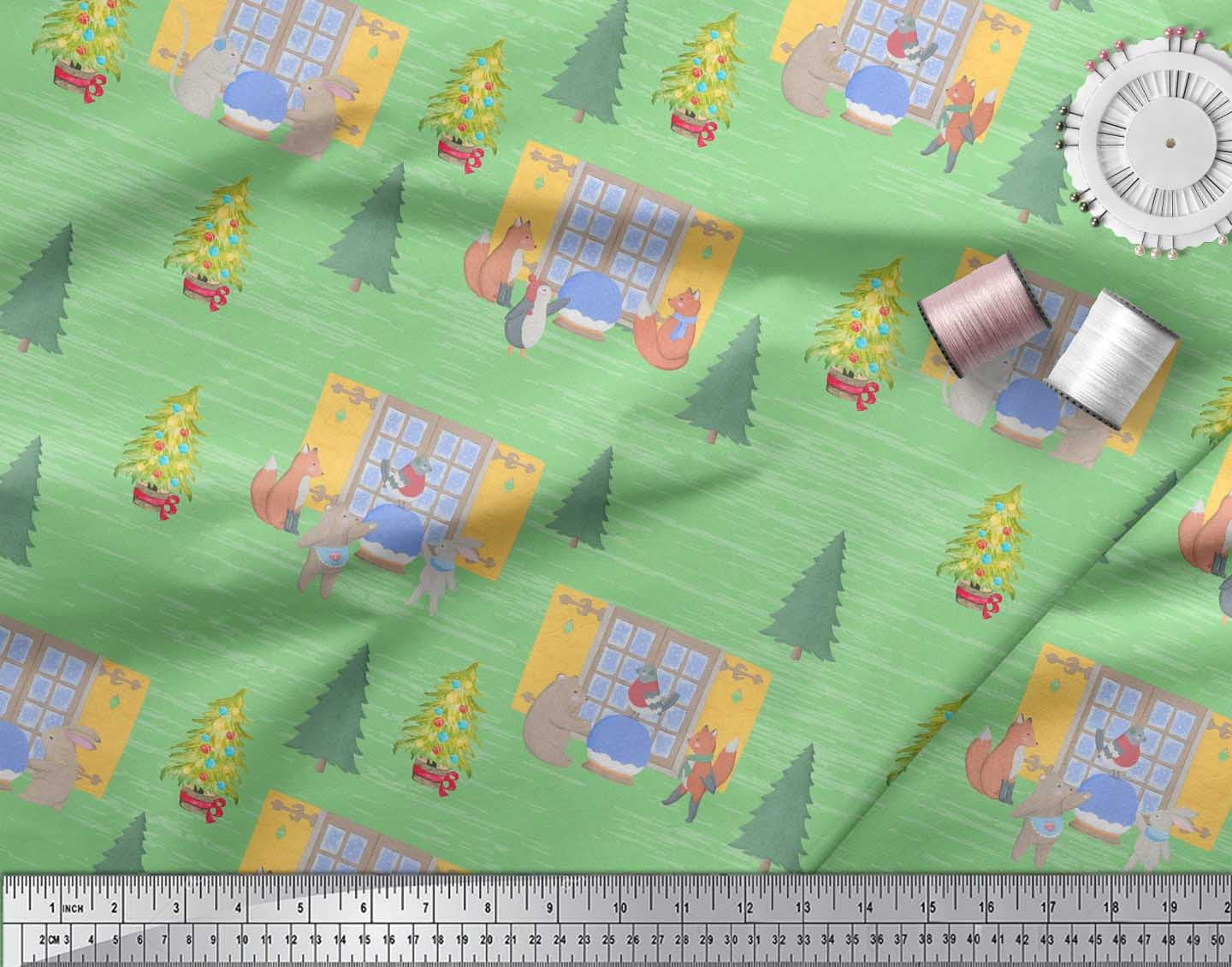 Soimoi Green Velvet Fabric House,Animals & Tree Christmas Print Fabric by the Yard 58 Inch Wide