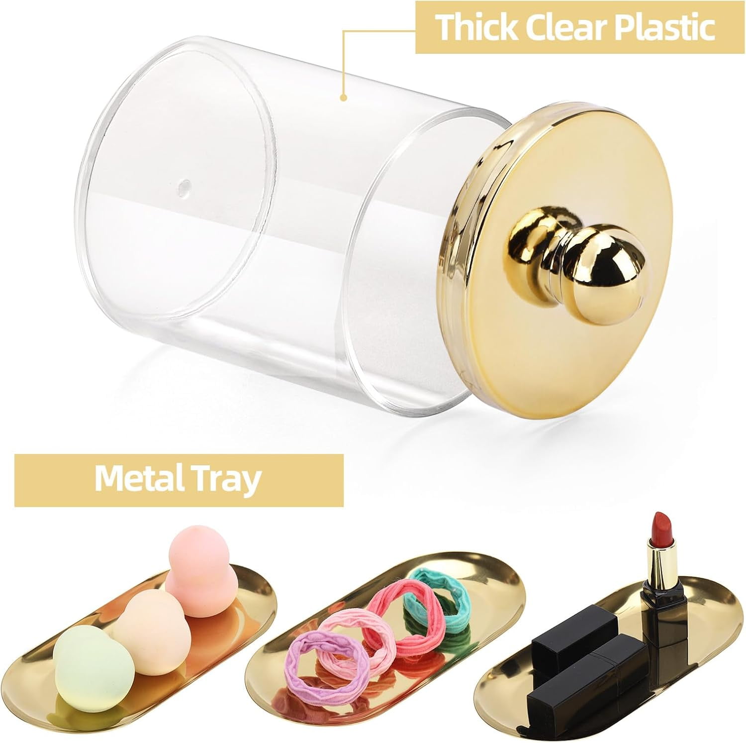 RGHJAR-2 Pack Qtip Holder with Gold Tray, 10oz Plastic Canister Apothecary Jar for Cotton Swabs, Balls, Pads, Floss Picks - Clear Bathroom Essentials Accessories Decor