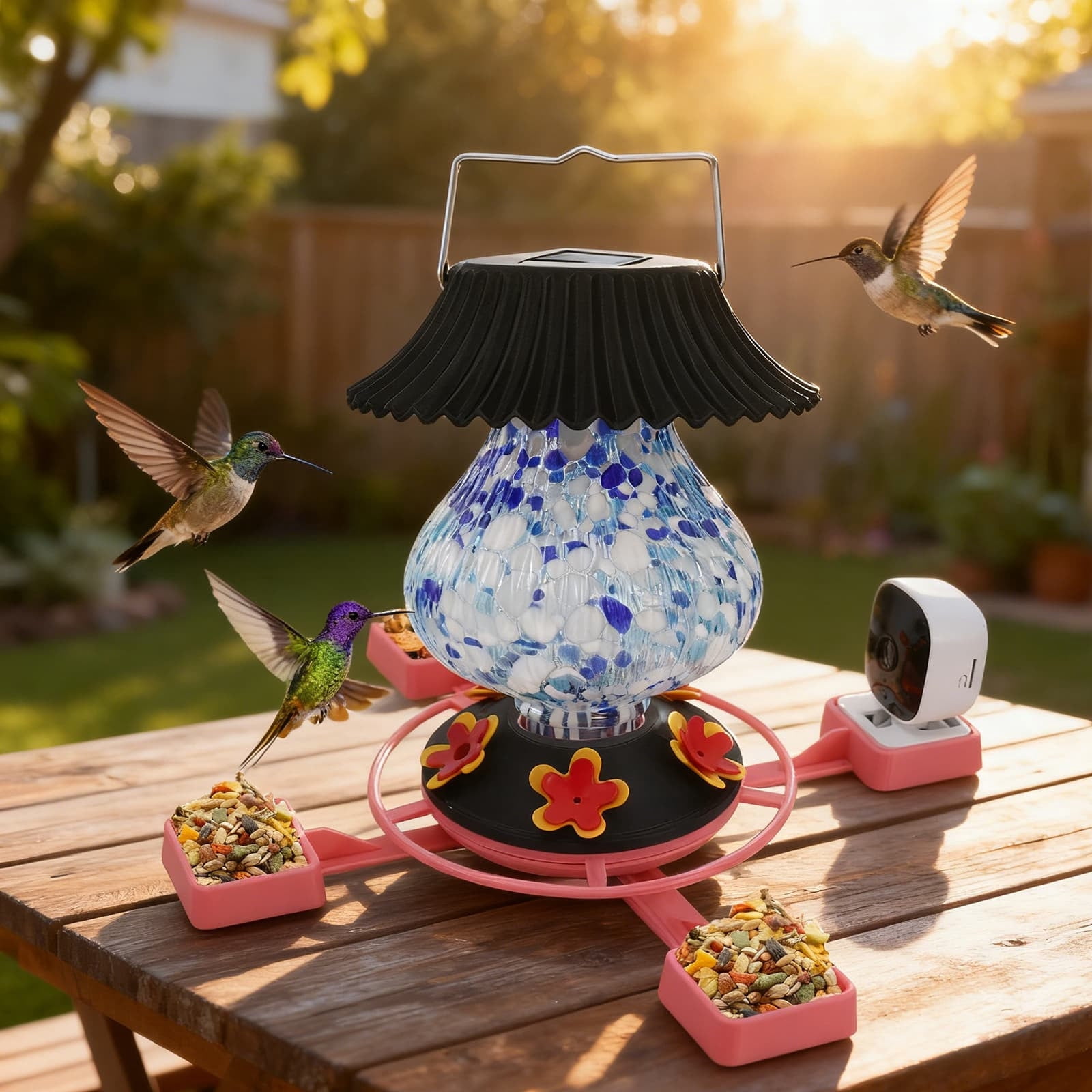 Diceymbol Smart Humming Bird Feeder With 1080P HD Camera Solar Powered Bird Feeder With LED Light 4 Feeding Ports Outdoor Garden Bird Watching Feeder For Patio Backyard