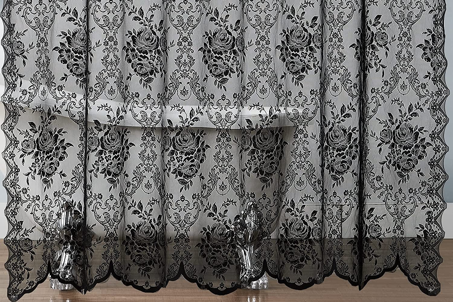 WARM HOME DESIGNS Black Extra Long Lace Shower Curtain 72 W x 96 L Inches with Attached Valance & Tassels. LA Black 96