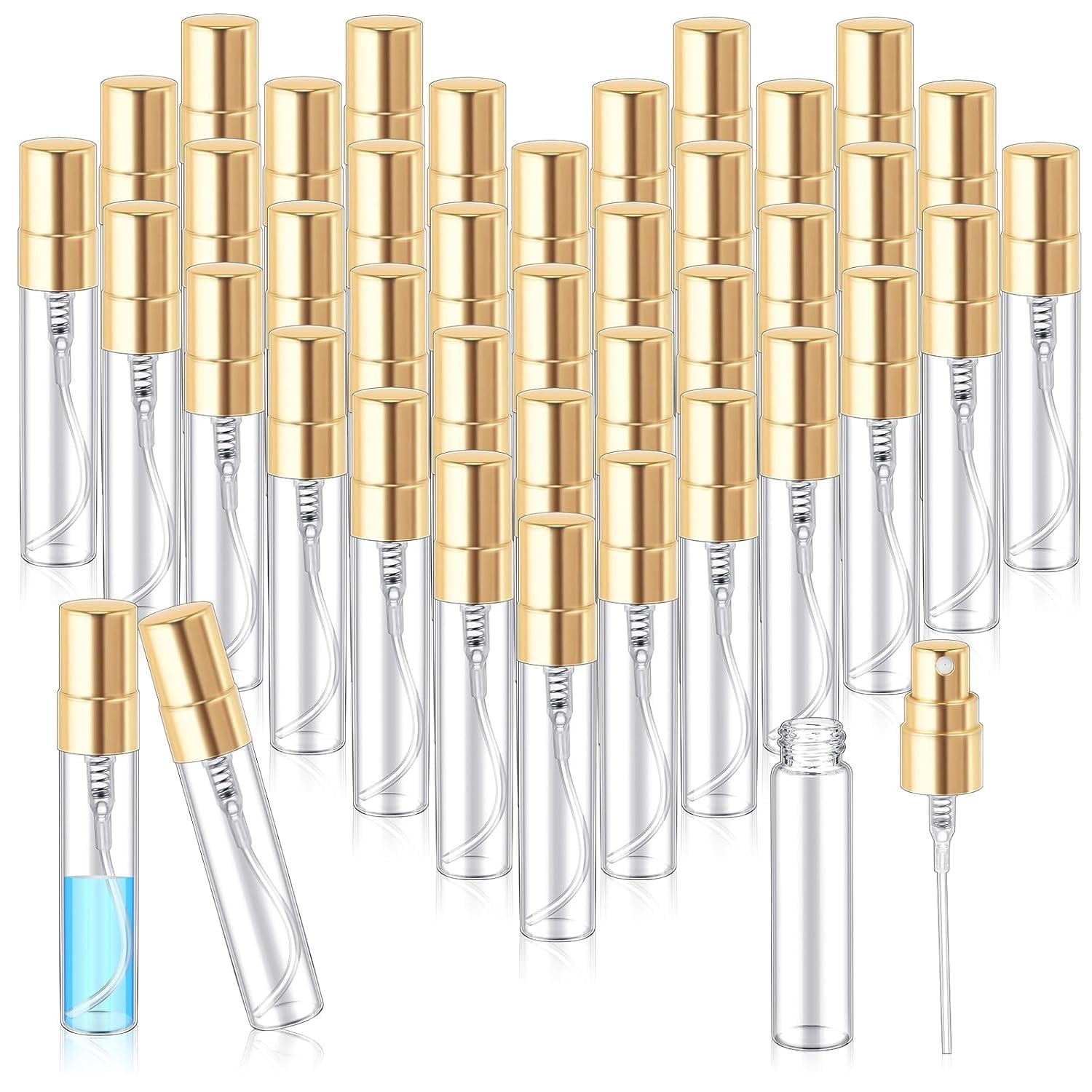 200 Pcs Mini Spray Bottles 5 ml Clear Glass Perfume Bottles Refillable Fine Mist Perfume Atomizer Portable Empty Sample Containers for Cleaning, Essential Oils, Travel (Gold Cap)