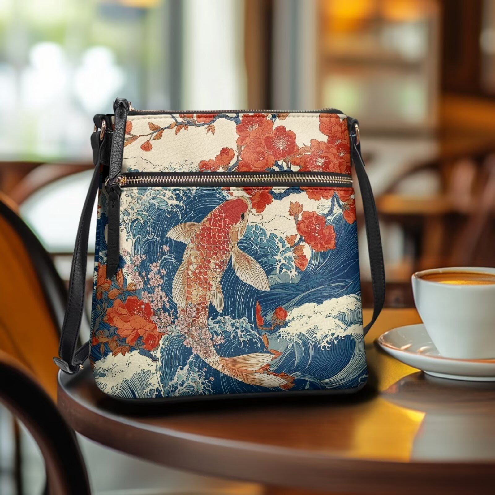 DISNIMO Koi Fish Print Messenger-Bag Plum Blossom Print Crossbody Handbag Purse with Multi-Pockets Fashion Leather Hobo Handbags with Adjustable Strap