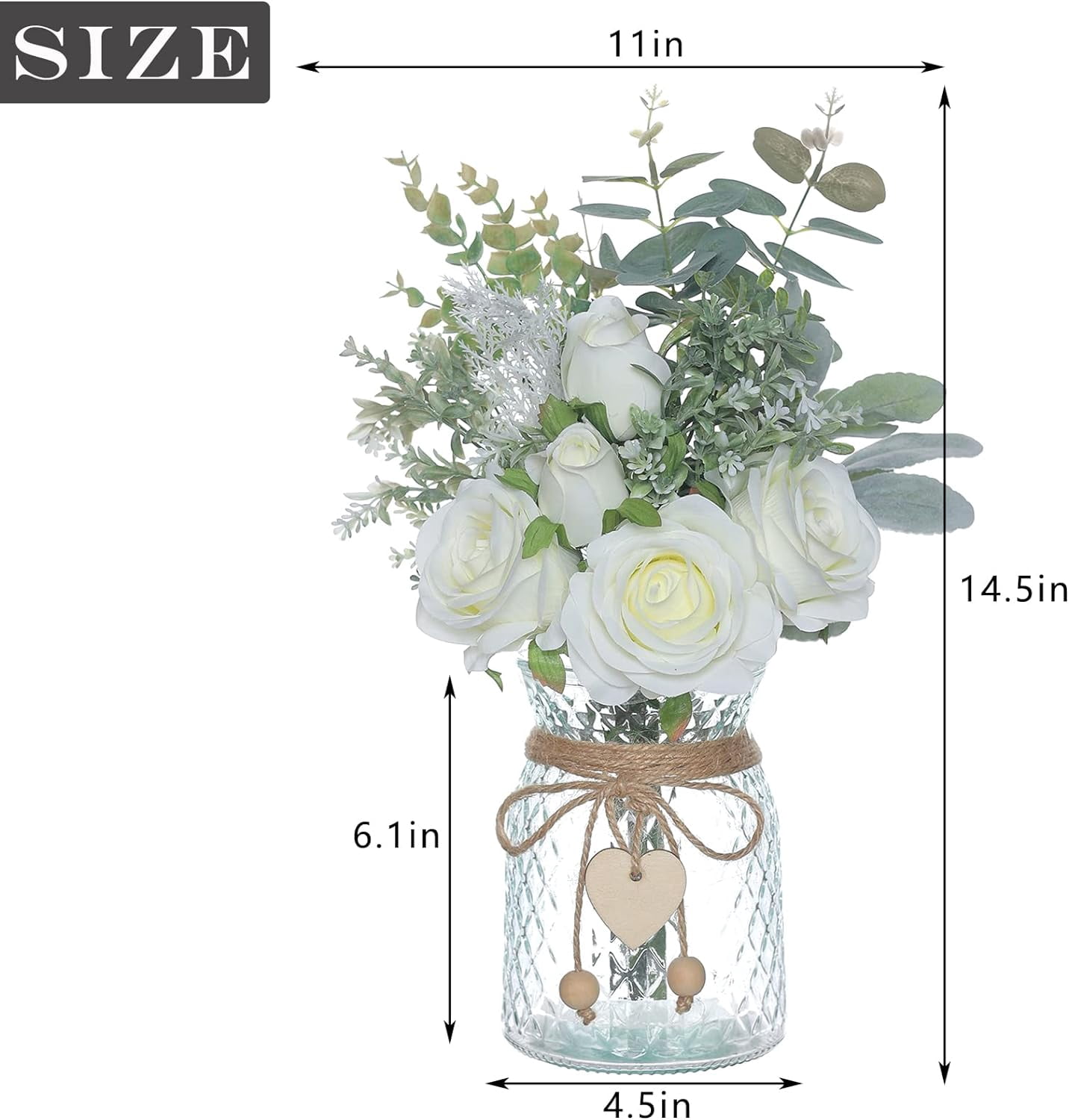 TETOU 14.5*11" Fake Flowers with Vase, Artificial Silk Roses in Vase, Fake Plant Eucalyptus Flower for Home Office Farmhouse Bathroom Dining Table Centerpiece Coffee Table Decor - White