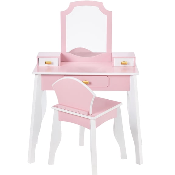 Best Choice Kids Wooden Pretend Play Vanity and Chair Set w/ Mirror Little Girls Makeup Table with 3 Drawers, Pink
