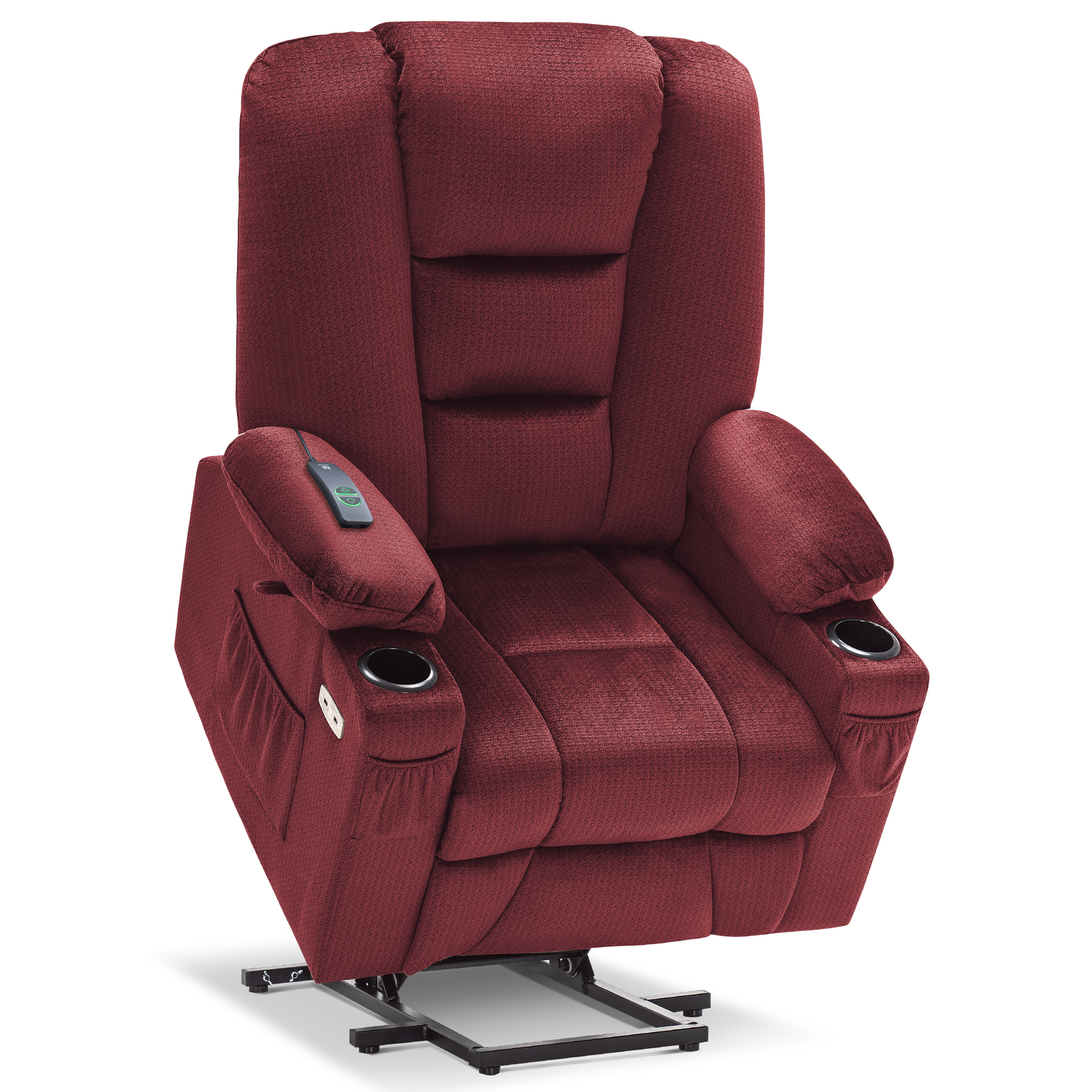 MCombo Large Power Lift Recliner Chair Sofa with Massage and Heat for Elderly People, Extended Footrest, Hand Remote Control, Lumbar Pillow, USB Ports, Fabric 7549 (Large, Burgundy)