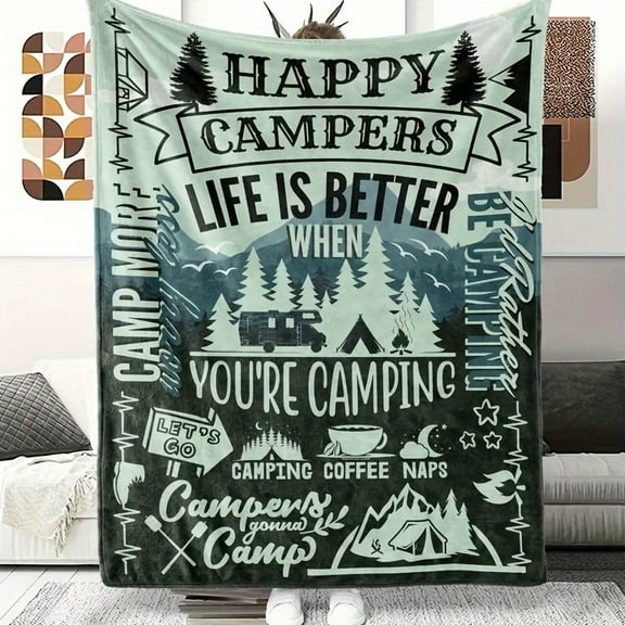 Happy Camper Flannel Blanket Dual-Sided All-Season Cozy Throw with "HAPPY CAMPERS Life is Better" Design Machine Washable Perfect for Camping Picnics & Home Decor Camping Accessories