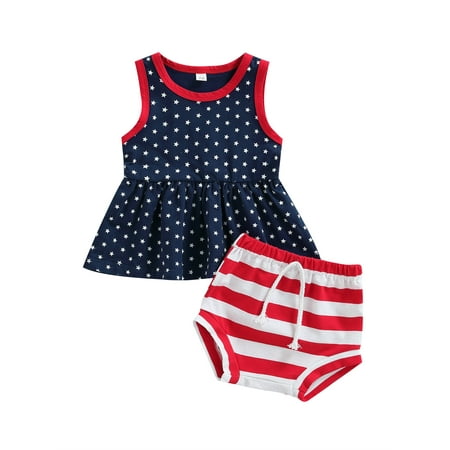 

Suanret Infants Baby Girl Streetwear Set Independence Day Outfits Stars Printed Sleeveless Ruffle Hem Tank Tops with Stripe Printed Shorts Blue 3-6 Months