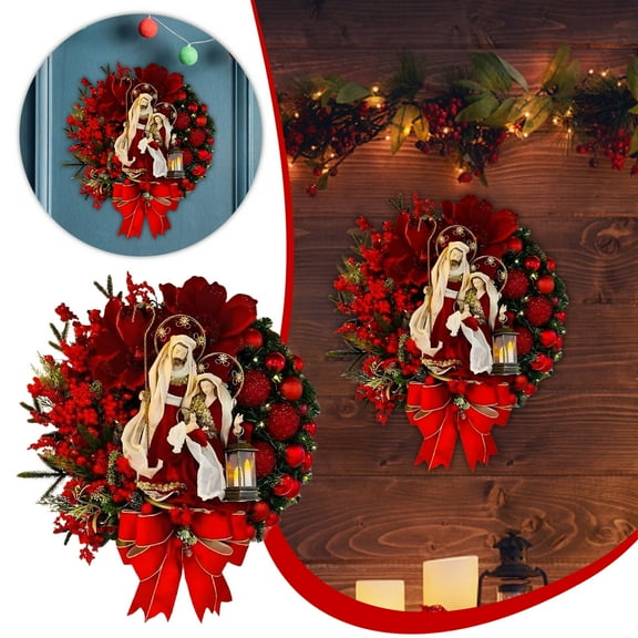 Lighted Nativity Scene Christmas Wreath Ornament Decoration Holy Family Set Led Lights Candle Front Door Wall Hanging Sign Sacred Xmas Decor for Decorations