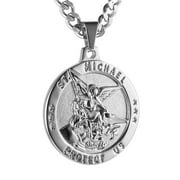 HZMAN St Michael The Archangel Catholic Medal Stainless Steel Amulet Pendant Necklace 22+2" Rolo Curb Chain (Silver-1)