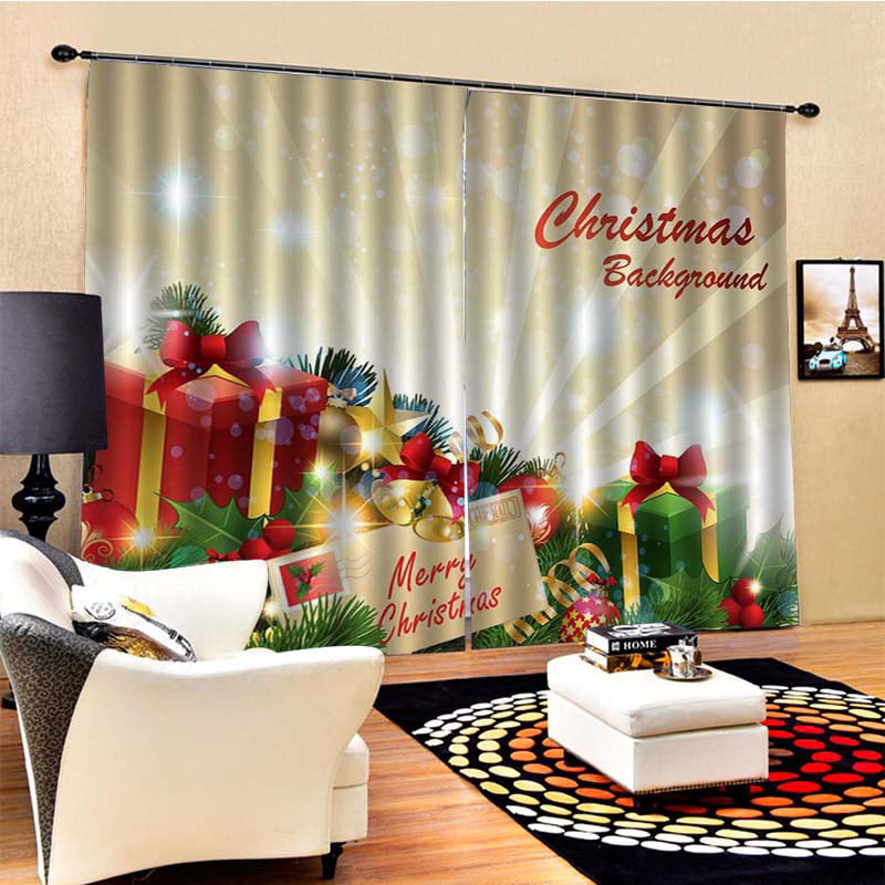Retro Fireplace & Christmas Tree Kitchen Curtain 2 Panel Set Decor Window Drapes 