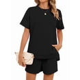 thumbnail image 2 of Women Casual 2 Piece Outfits Sweatsuits Summer Short Sleeve Loungewear Tracksuit Round Neck Lounge Shorts Sets Black XXL, 2 of 10