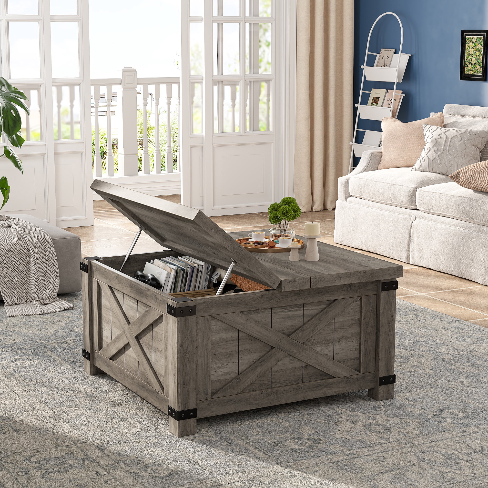 Romorgniz 35.7" W Square Lift Top Coffee Table Farmhouse Coffee Table with Large Hidden Storage Wooden Center Table for Living Room, Grey