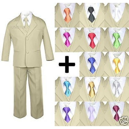 

6pc Boy Kid Teen Formal Wedding Khaki Stone Suit Tuxedo Extra Satin Necktie S-4T