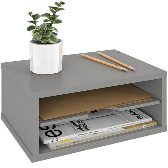 Ballucci File Organizer, 2-Tier Document Paper Sorter, Stackable Wood Desk Organizer Mail Holder, Monitor Stand with Storage Shelves, Gray
