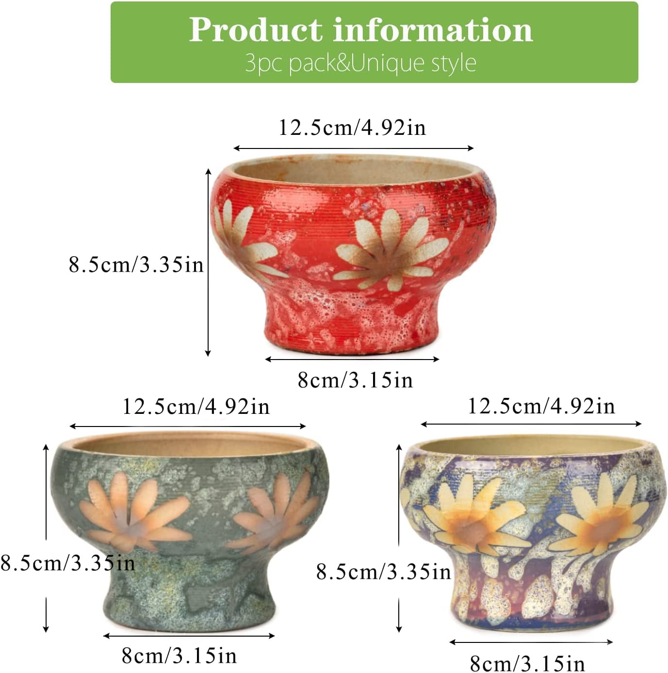 Sungmor Small Succulent Planters Set of 3, Beautiful Hand Crafted Ceramic Plant Pots Cute Cactus Pot, 4.9 Inch Flower Pots for Indoor Plants with Drainage, Desktop Windowsill Home Office Decor Pots