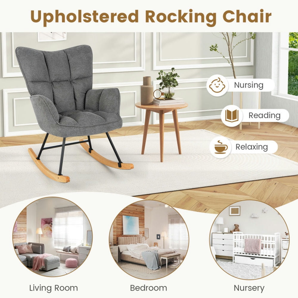 Finihen Rocking Chair, Modern Rocking Accent Chair, Linen Nursery Rocking Chair with High Backrest and Padded Armrests, for Living Room, Bedroom, Dorm, Gray