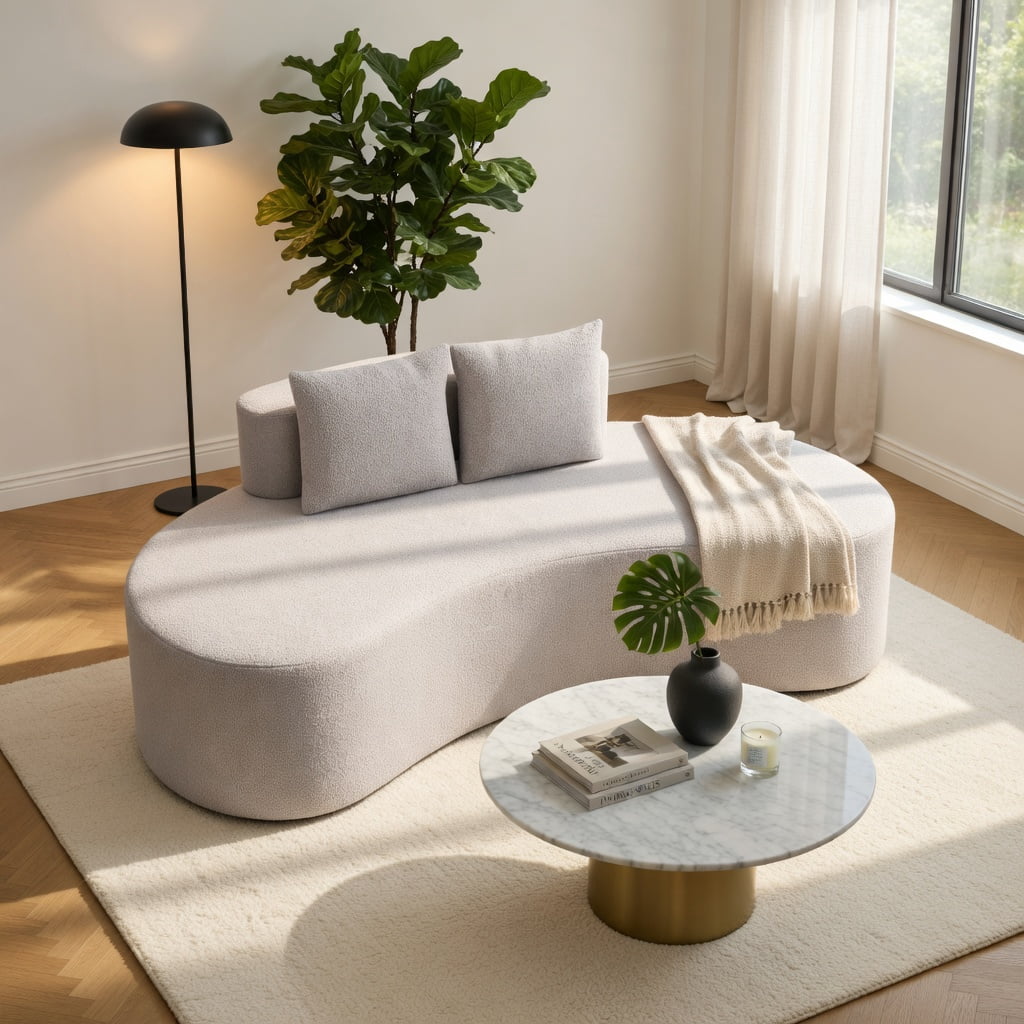 Hommoo Modern Curved Upholstered Sofa, Includes 2 Removable Pillows, Polyester Fabric Living Room Couch, Gray