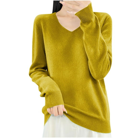 Jalioing Women's Cotton Knit Tops Solid Color Long Sleeve V Neck Basic Sweaters Fall Casual Sweater Shirts