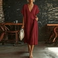 thumbnail image 2 of LNWUY Women's V Neck Linen Maxi Dress with Lace Trim Short Sleeve Solid Color Loose Pocket Long Dress Summer Casual Beach Dress Red XXL, 2 of 6