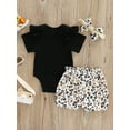 thumbnail image 4 of Seyurigaoka Girls Summer 3Pcs Outfit Sets Short Sleeve Letter Print Romper + Leopard/Sunflower Print Shorts + Headband, 4 of 9