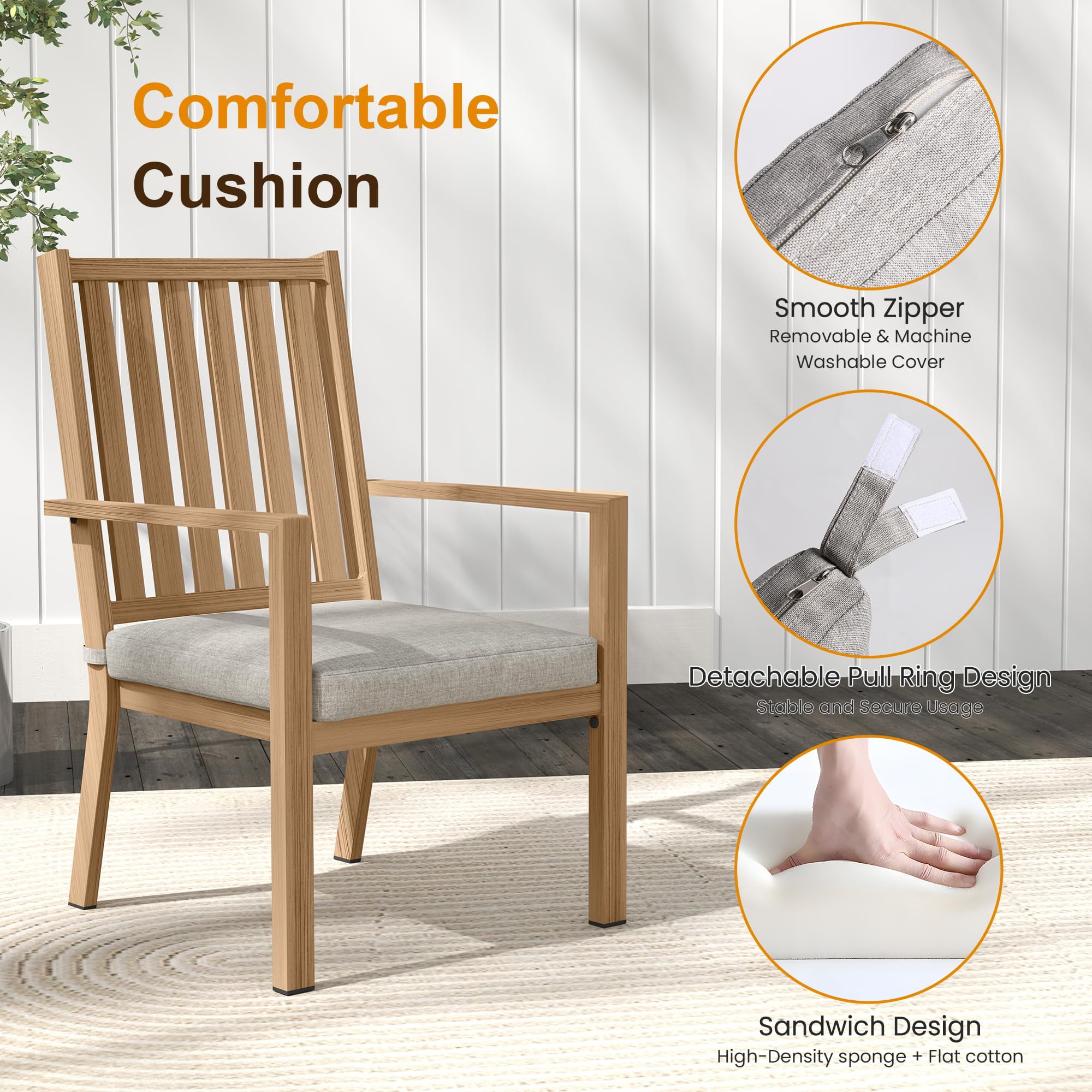 May in Color Patio Dining Chair Set of 2, Aluminum Outdoor Dining Chairs with Waterproof Cushions, Metal Outdoor Patio Furniture Seating for Porch, Balcony, Deck, Backyard, Light Wood Color