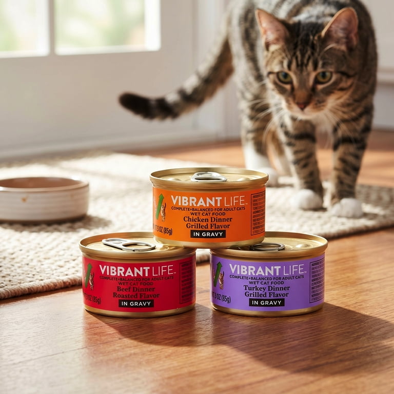 Vibrant Life Variety Pack Grilled & Roasted Flavor in Gravy Wet Cat Food, 3 oz Cans, 30 Count, Size: 90