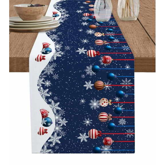 Ldtrchee Navy Blue Christmas Table Runner 36 Inches, Xmas Balls White Snowflake Bed Runner Dresser Scarves Tabletop for Indoor Outdoor Parties/Ceremony/Banquet, 13"x 36"